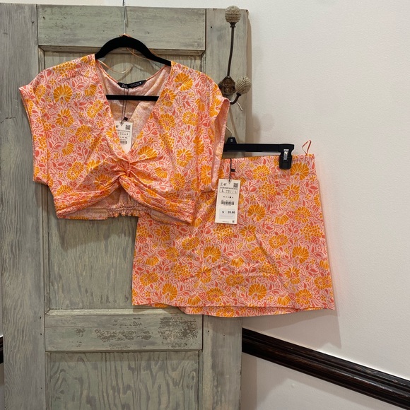 Zara Linen Blend Floral Crop Top And Mini Skirt Bloggers Favorite S/L - Picture 2 of 9